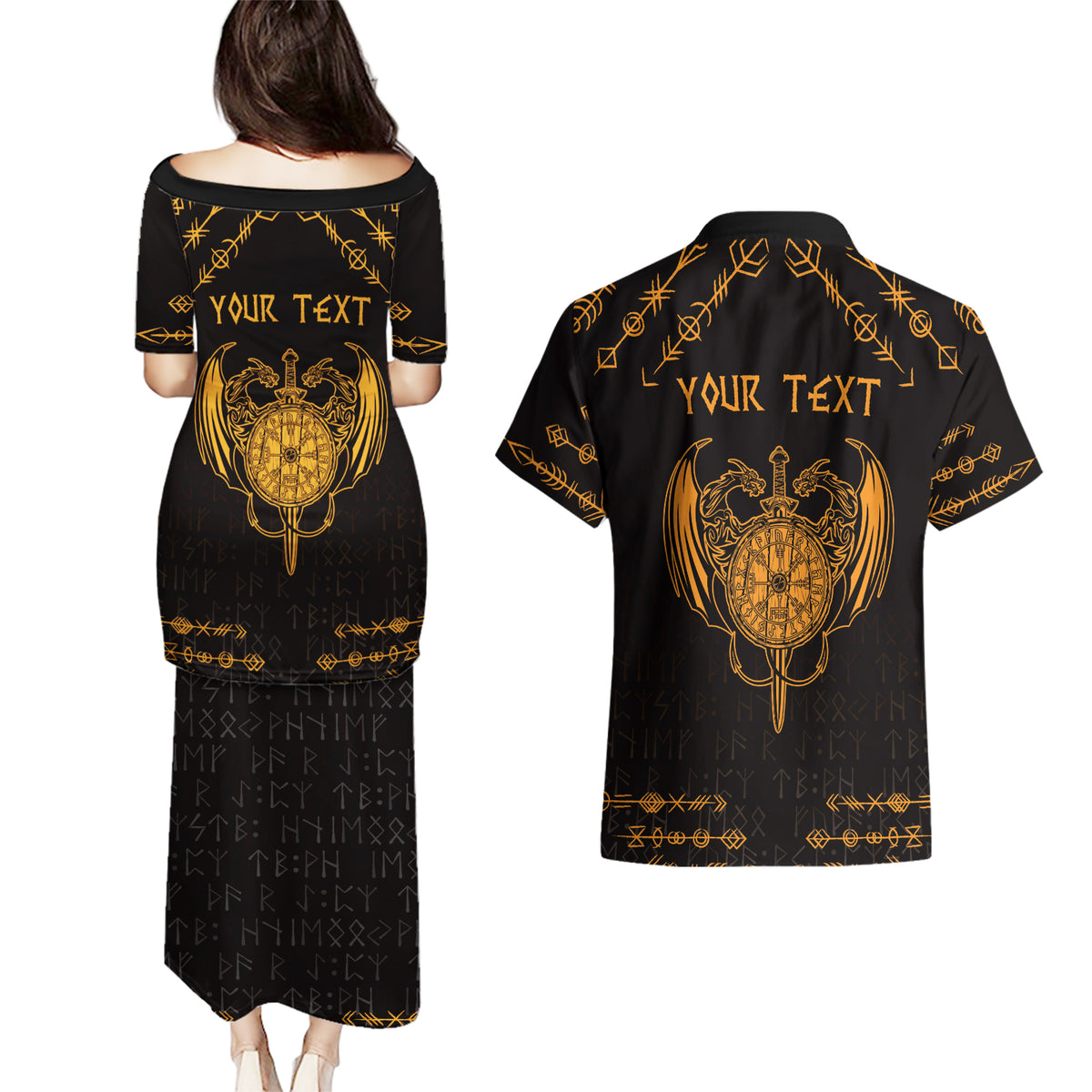 Personalized Viking Dragon Couples Matching Puletasi and Hawaiian Shirt with Sword Gold Scandinavian Tattoo LT9 - Wonder Print Shop
