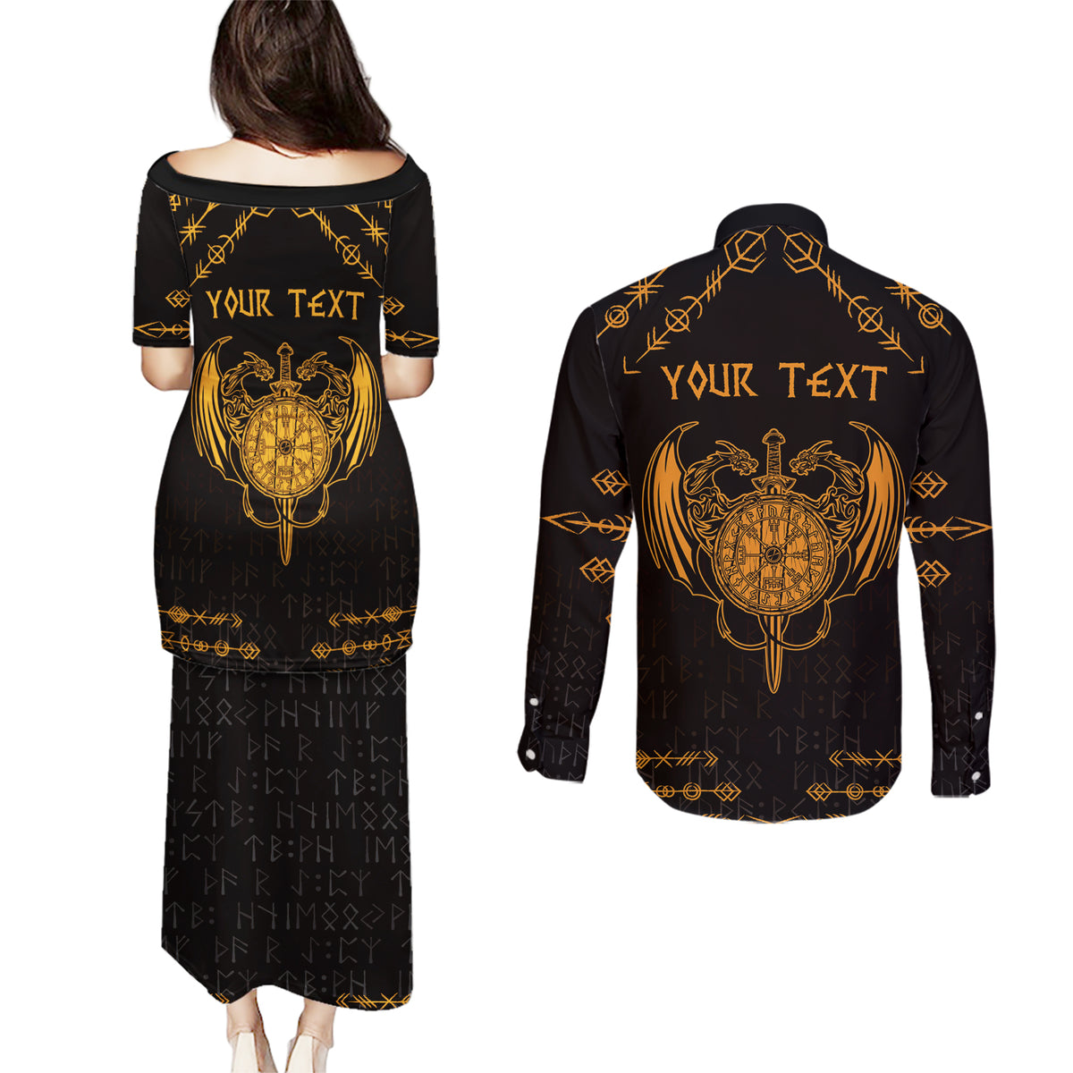 Personalized Viking Dragon Couples Matching Puletasi and Long Sleeve Button Shirt with Sword Gold Scandinavian Tattoo LT9 - Wonder Print Shop