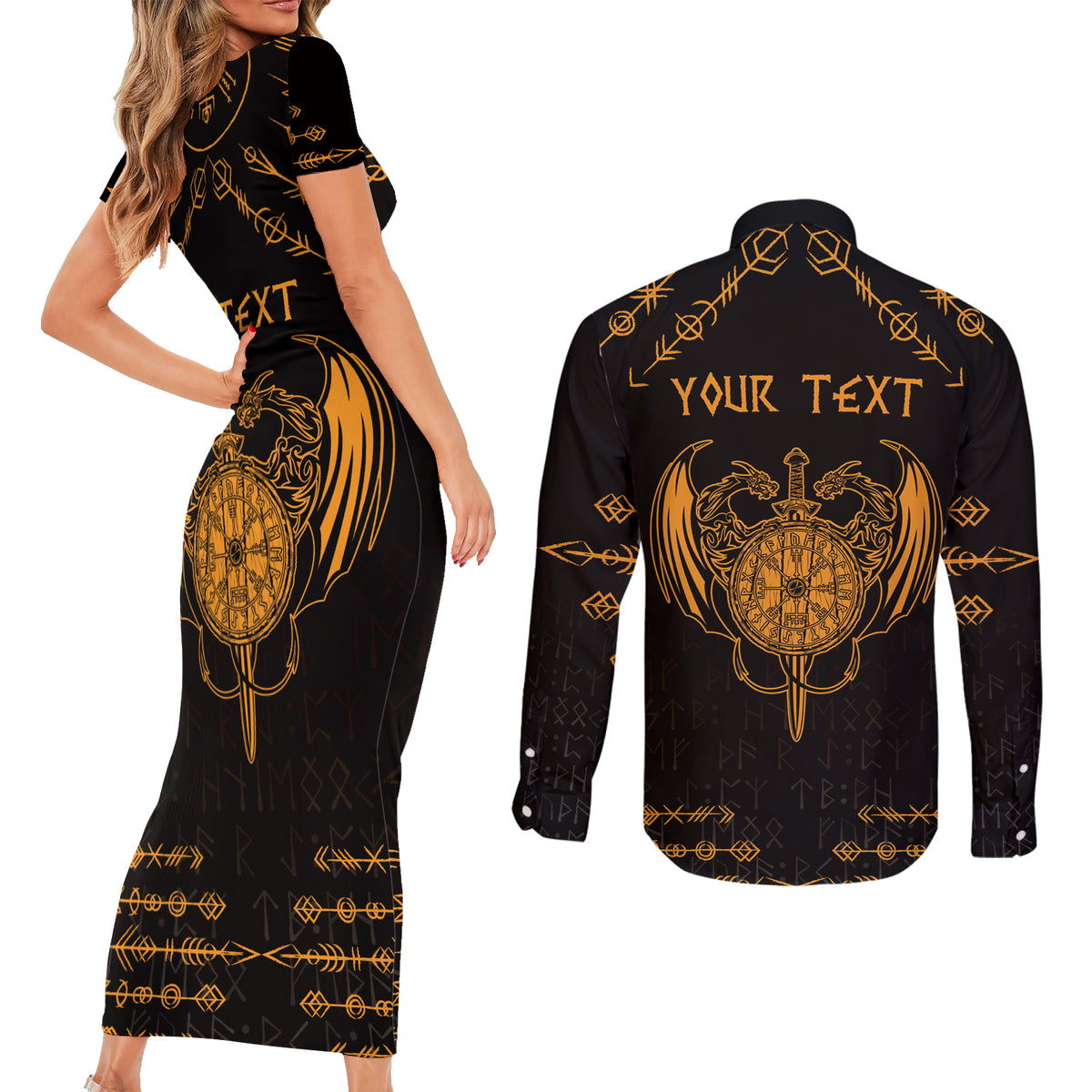 Personalized Viking Dragon Couples Matching Short Sleeve Bodycon Dress and Long Sleeve Button Shirt with Sword Gold Scandinavian Tattoo LT9 - Wonder Print Shop