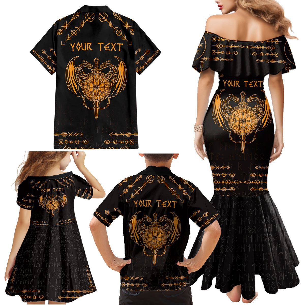 Personalized Viking Dragon Family Matching Mermaid Dress and Hawaiian Shirt with Sword Gold Scandinavian Tattoo LT9 - Wonder Print Shop