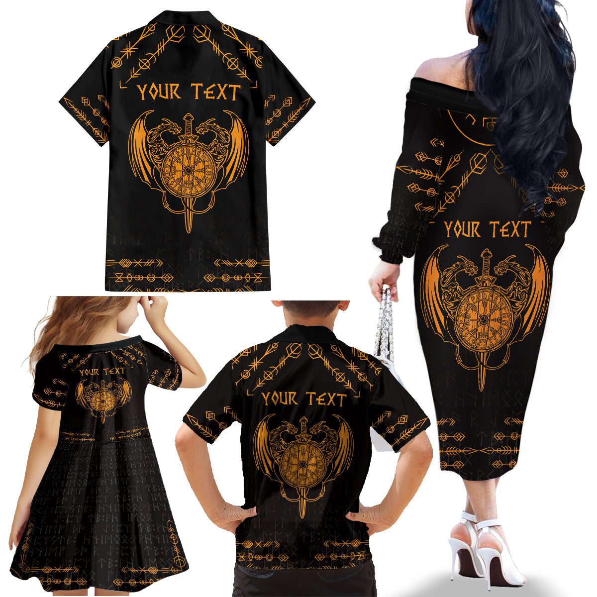 Personalized Viking Dragon Family Matching Off The Shoulder Long Sleeve Dress and Hawaiian Shirt with Sword Gold Scandinavian Tattoo - Wonder Print Shop