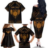 Personalized Viking Dragon Family Matching Off The Shoulder Long Sleeve Dress and Hawaiian Shirt with Sword Gold Scandinavian Tattoo - Wonder Print Shop