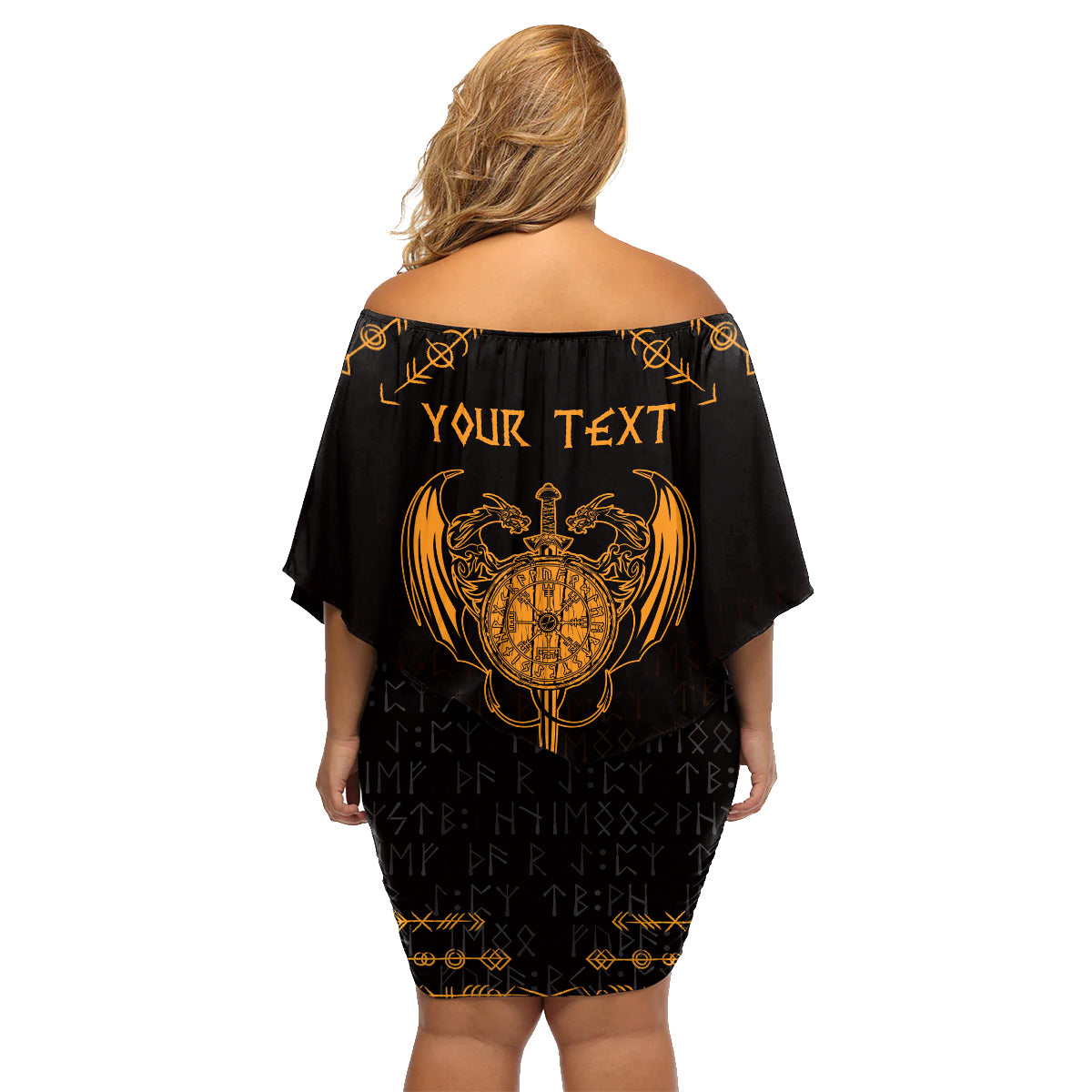 Personalized Viking Dragon Family Matching Off Shoulder Short Dress and Hawaiian Shirt with Sword Gold Scandinavian Tattoo LT9 - Wonder Print Shop