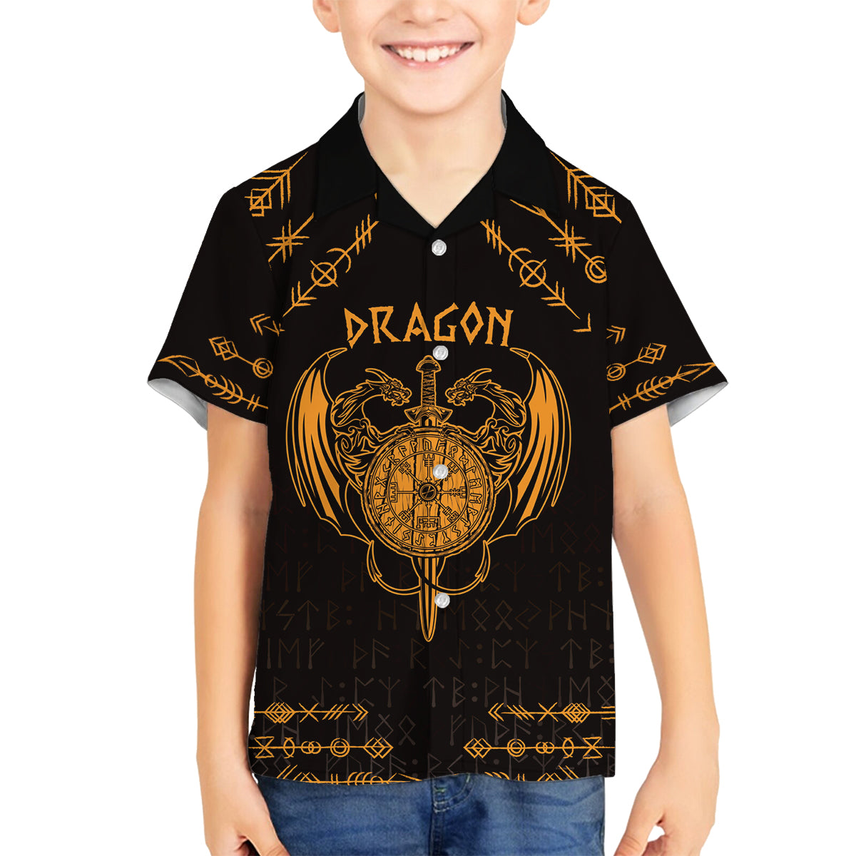 Personalized Viking Dragon Family Matching Off Shoulder Short Dress and Hawaiian Shirt with Sword Gold Scandinavian Tattoo LT9 - Wonder Print Shop