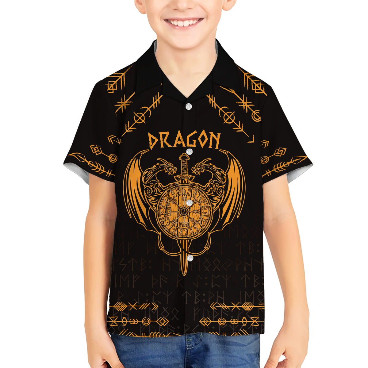 Personalized Viking Dragon Family Matching Short Sleeve Bodycon Dress and Hawaiian Shirt with Sword Gold Scandinavian Tattoo - Wonder Print Shop