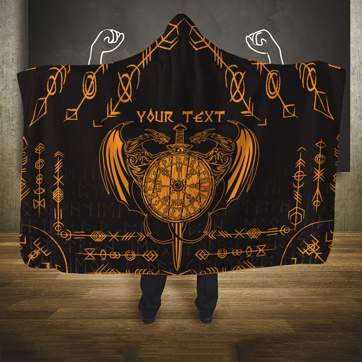 Personalized Viking Dragon Hooded Blanket with Sword Gold Scandinavian Tattoo