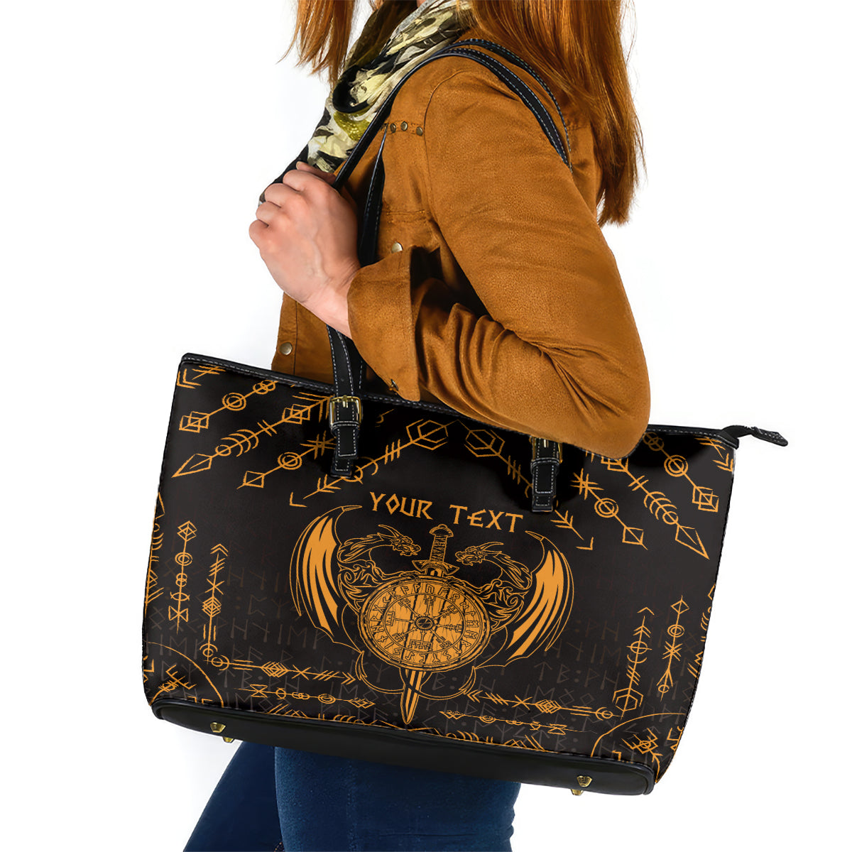 Personalized Viking Dragon Leather Tote Bag with Sword Gold Scandinavian Tattoo