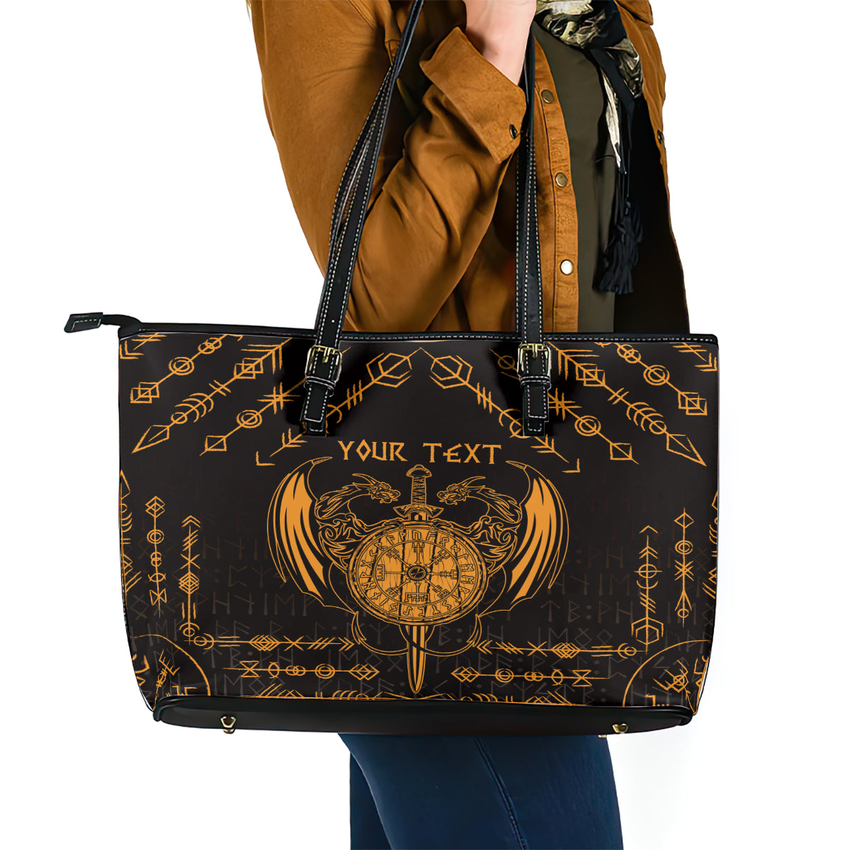 Personalized Viking Dragon Leather Tote Bag with Sword Gold Scandinavian Tattoo - Wonder Print Shop