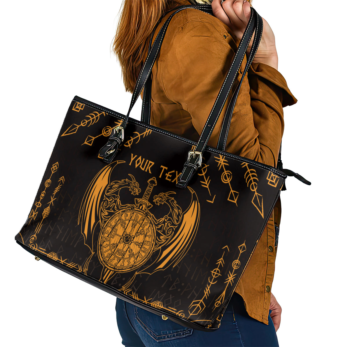 Personalized Viking Dragon Leather Tote Bag with Sword Gold Scandinavian Tattoo - Wonder Print Shop