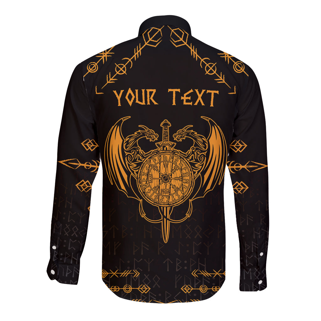 Personalized Viking Dragon Long Sleeve Button Shirt with Sword Gold Scandinavian Tattoo - Wonder Print Shop