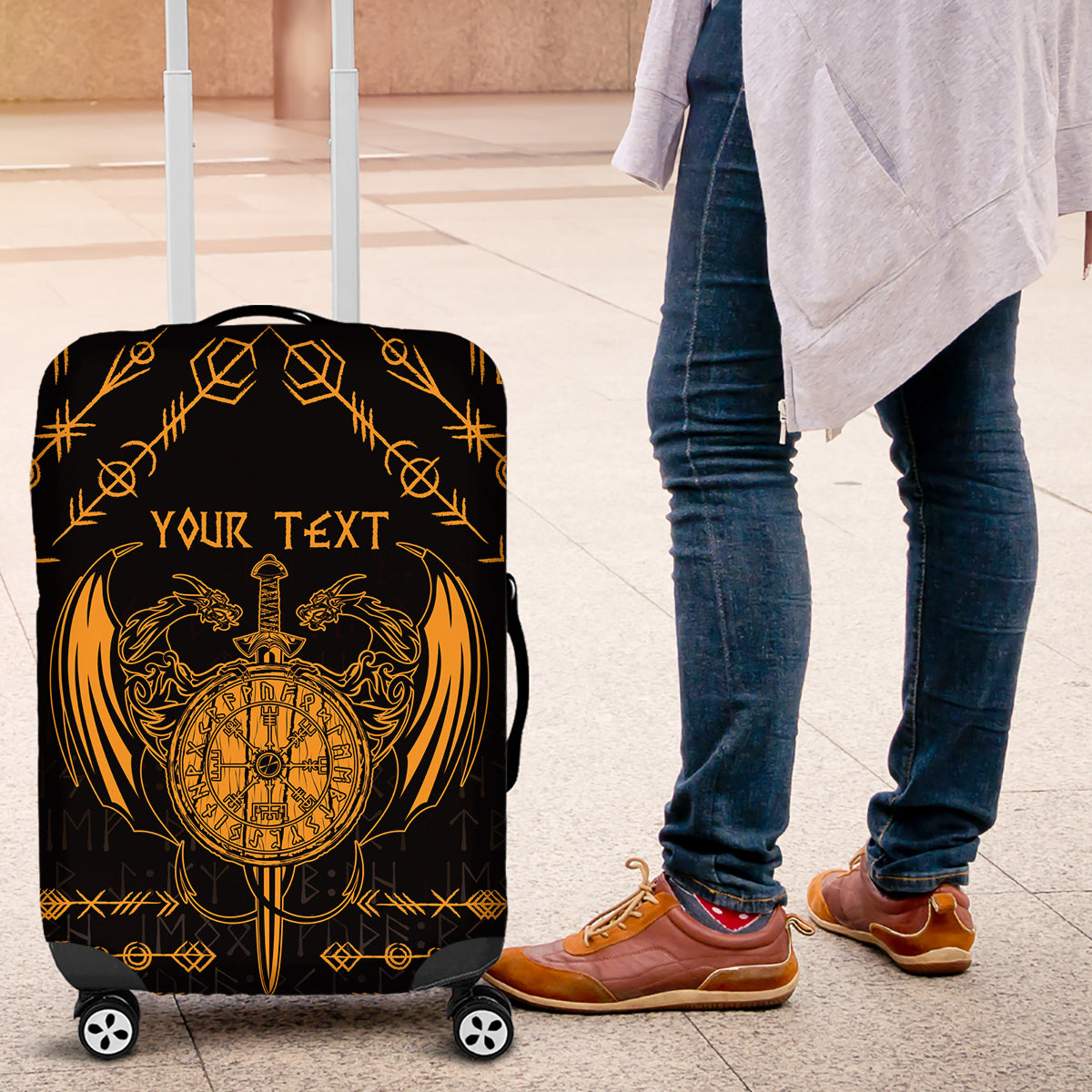 Personalized Viking Dragon Luggage Cover with Sword Gold Scandinavian Tattoo
