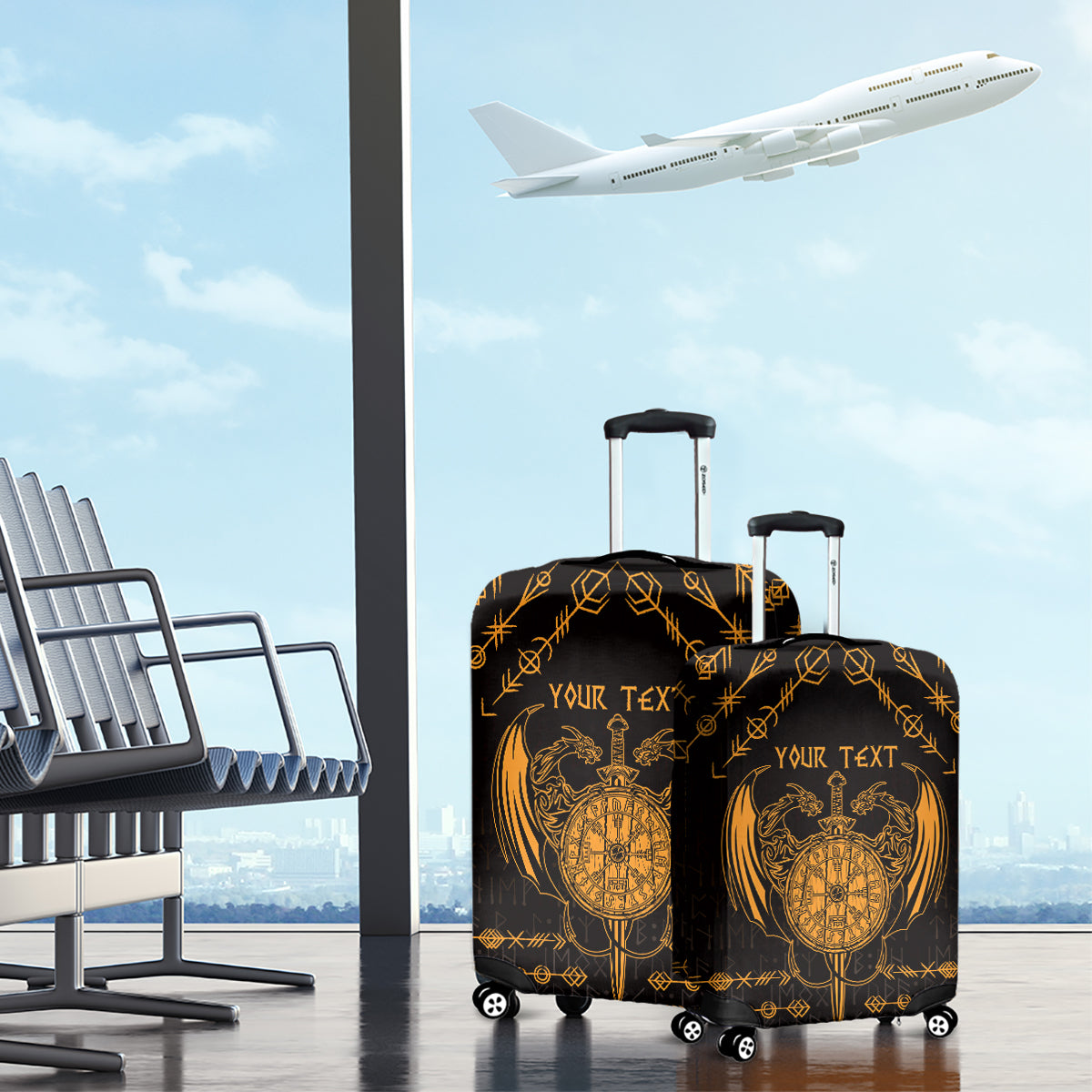 Personalized Viking Dragon Luggage Cover with Sword Gold Scandinavian Tattoo - Wonder Print Shop