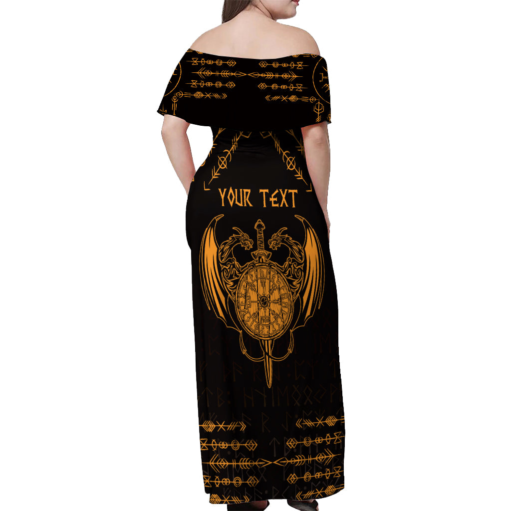 Personalized Viking Dragon Off Shoulder Maxi Dress with Sword Gold Scandinavian Tattoo - Wonder Print Shop
