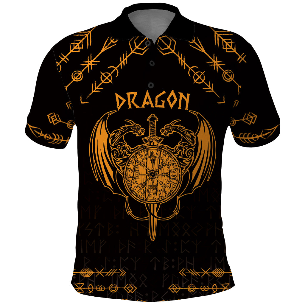 Personalized Viking Dragon Polo Shirt with Sword Gold Scandinavian Tattoo