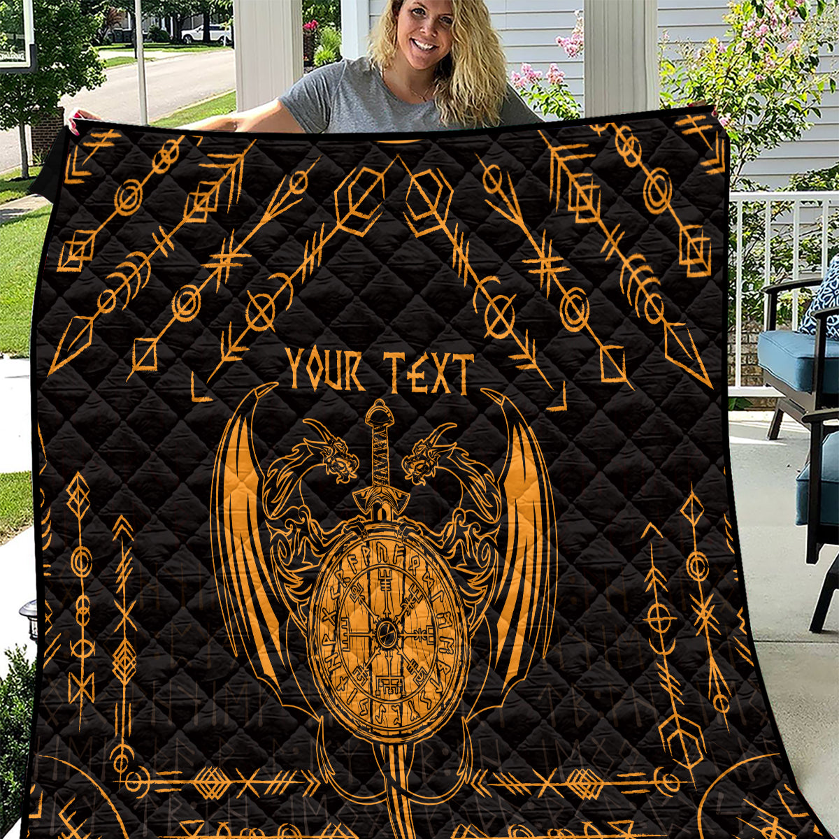 Personalized Viking Dragon Quilt with Sword Gold Scandinavian Tattoo