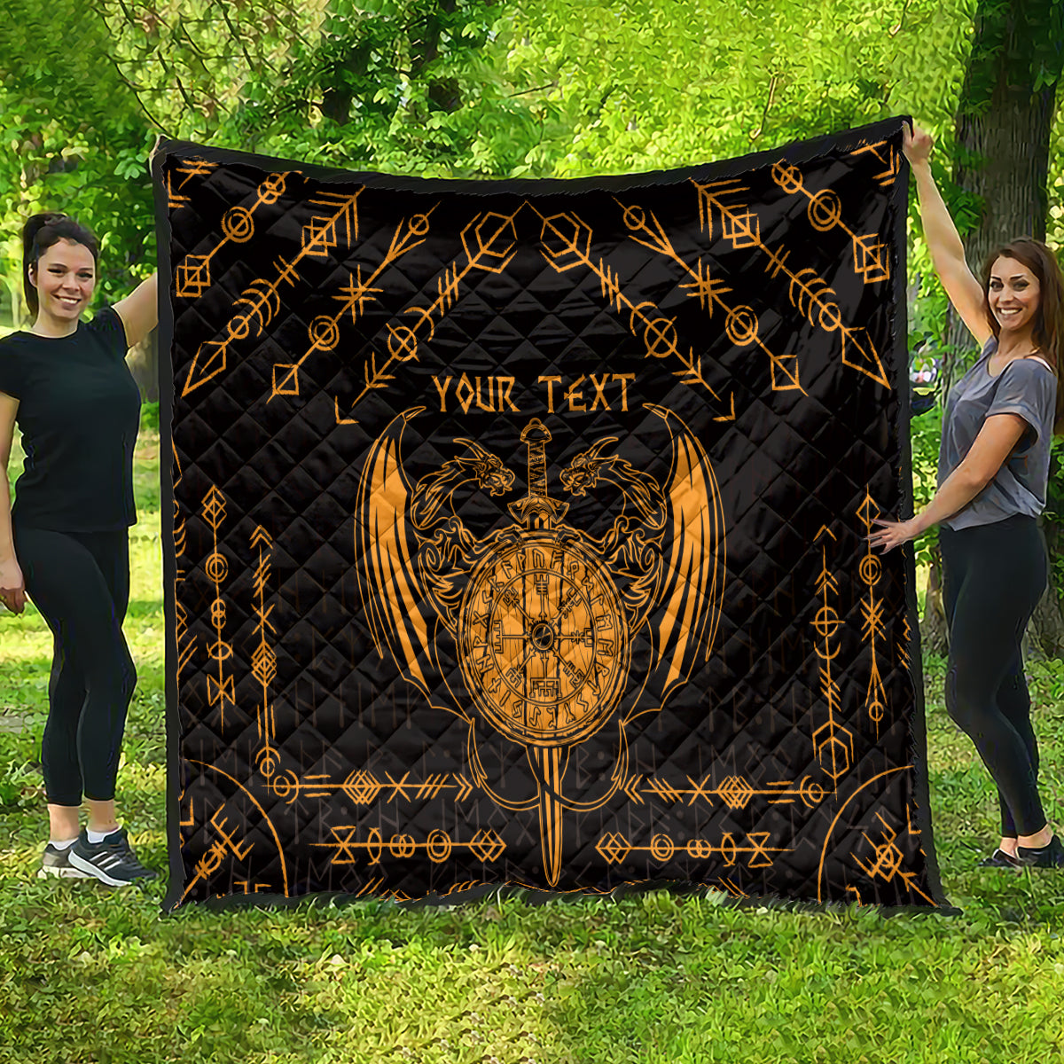 Personalized Viking Dragon Quilt with Sword Gold Scandinavian Tattoo - Wonder Print Shop