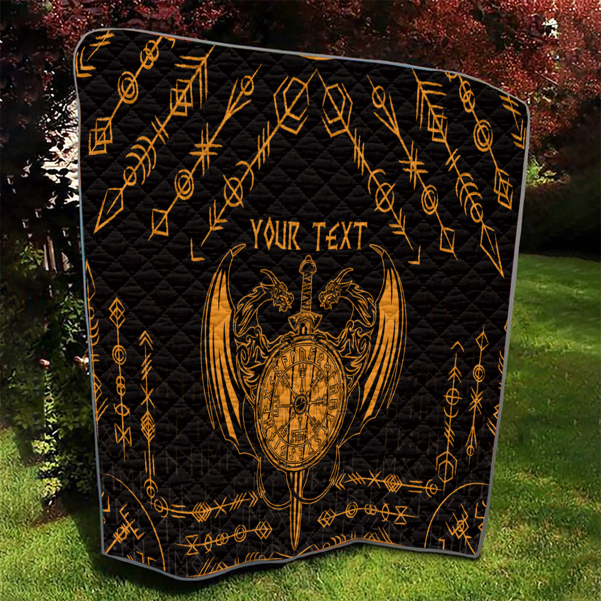 Personalized Viking Dragon Quilt with Sword Gold Scandinavian Tattoo - Wonder Print Shop