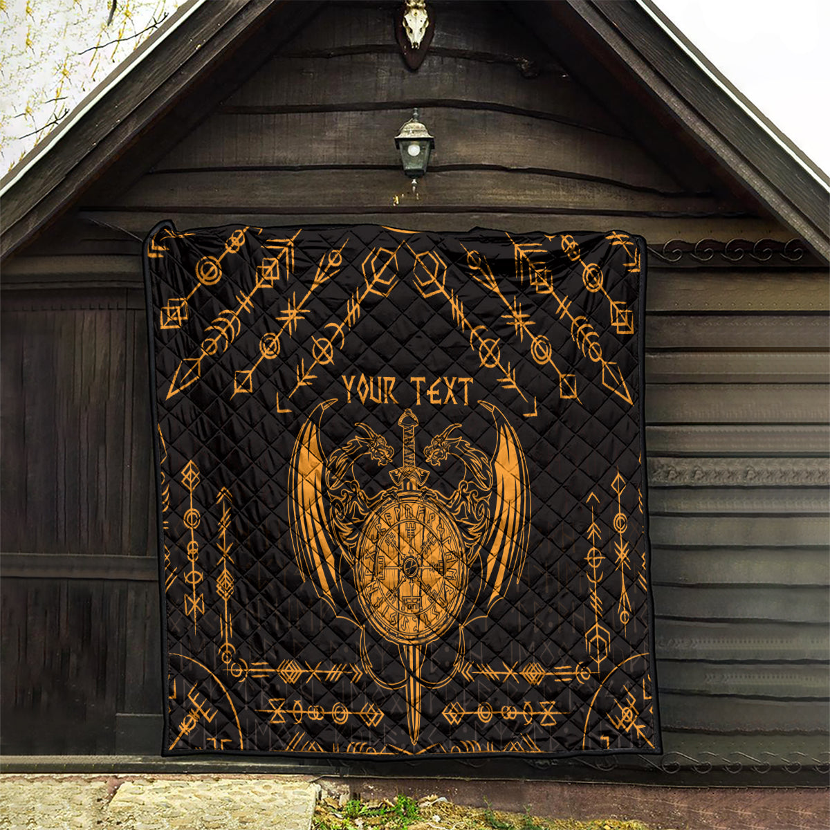 Personalized Viking Dragon Quilt with Sword Gold Scandinavian Tattoo - Wonder Print Shop