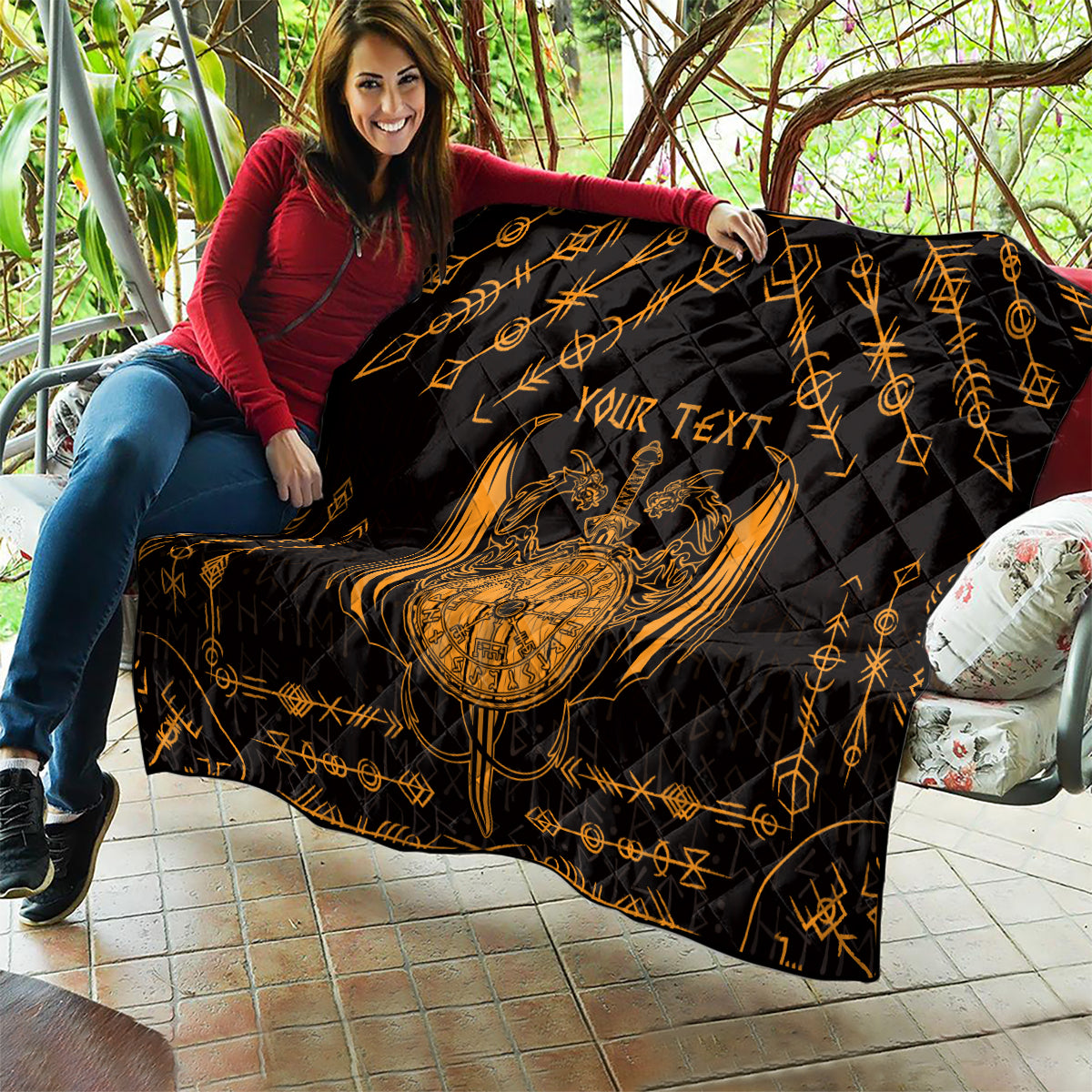 Personalized Viking Dragon Quilt with Sword Gold Scandinavian Tattoo - Wonder Print Shop