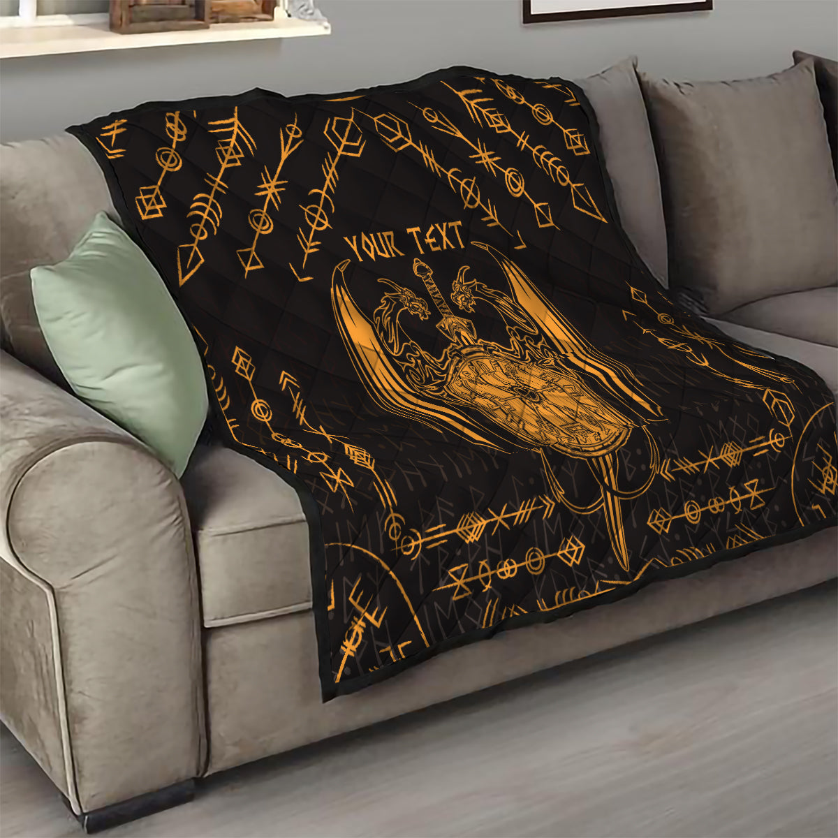 Personalized Viking Dragon Quilt with Sword Gold Scandinavian Tattoo - Wonder Print Shop
