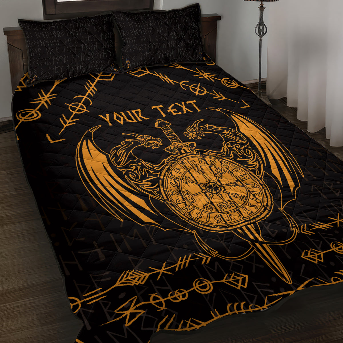 Personalized Viking Dragon Quilt Bed Set with Sword Gold Scandinavian Tattoo