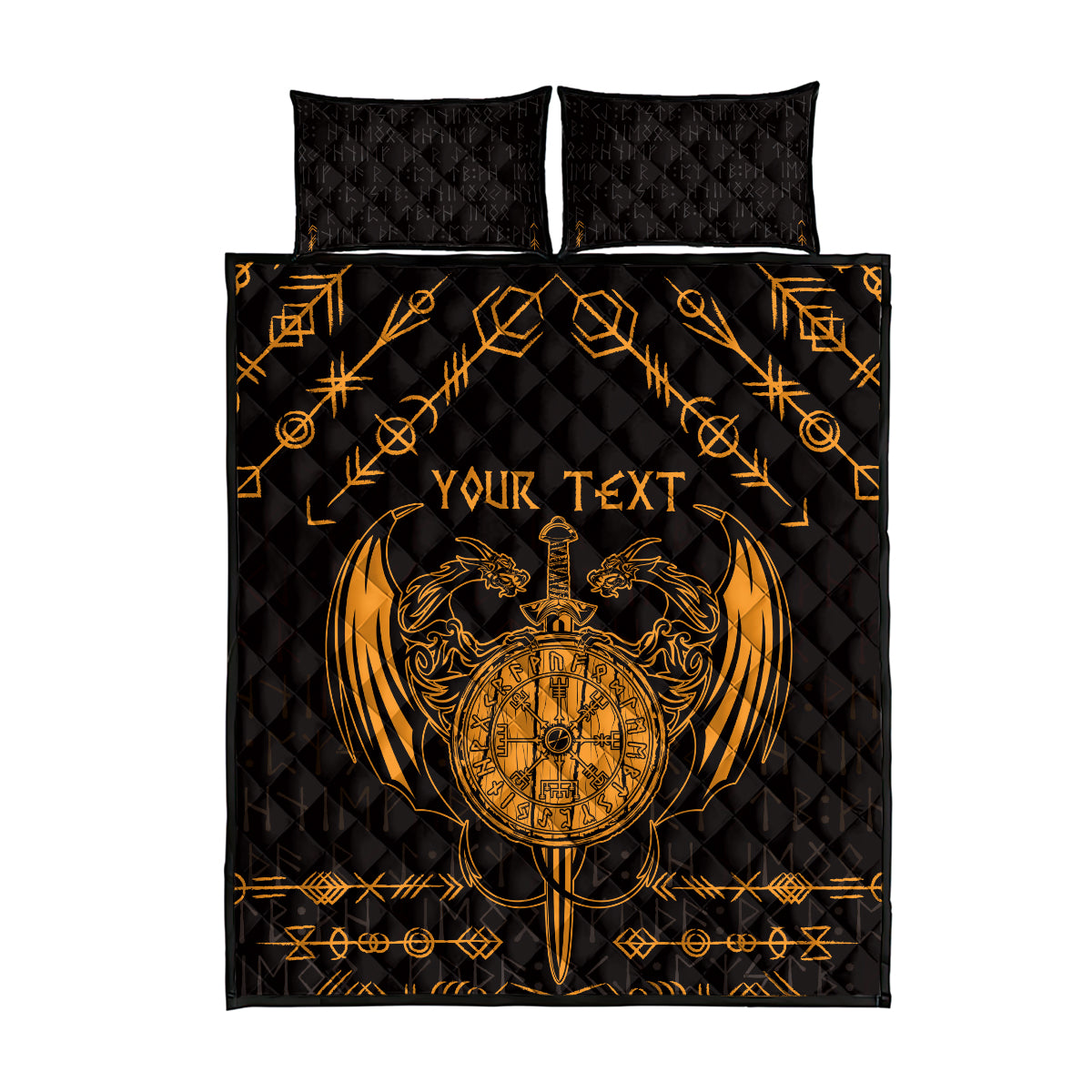 Personalized Viking Dragon Quilt Bed Set with Sword Gold Scandinavian Tattoo - Wonder Print Shop