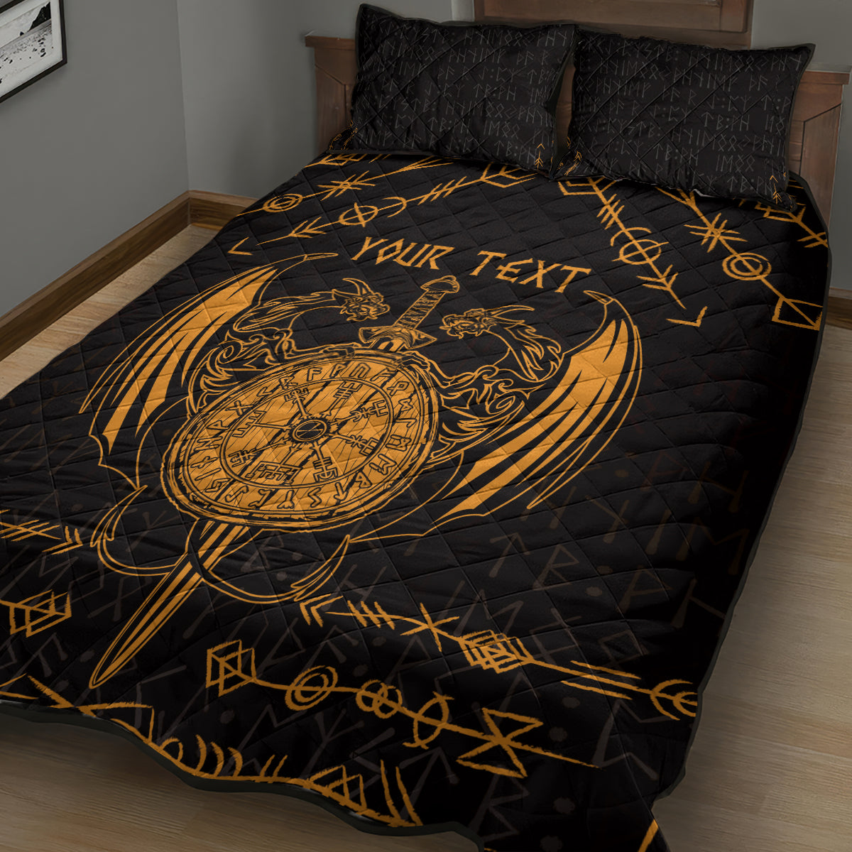 Personalized Viking Dragon Quilt Bed Set with Sword Gold Scandinavian Tattoo - Wonder Print Shop