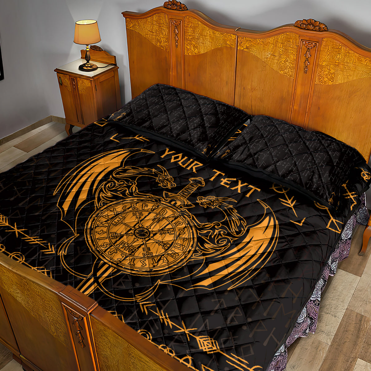 Personalized Viking Dragon Quilt Bed Set with Sword Gold Scandinavian Tattoo - Wonder Print Shop