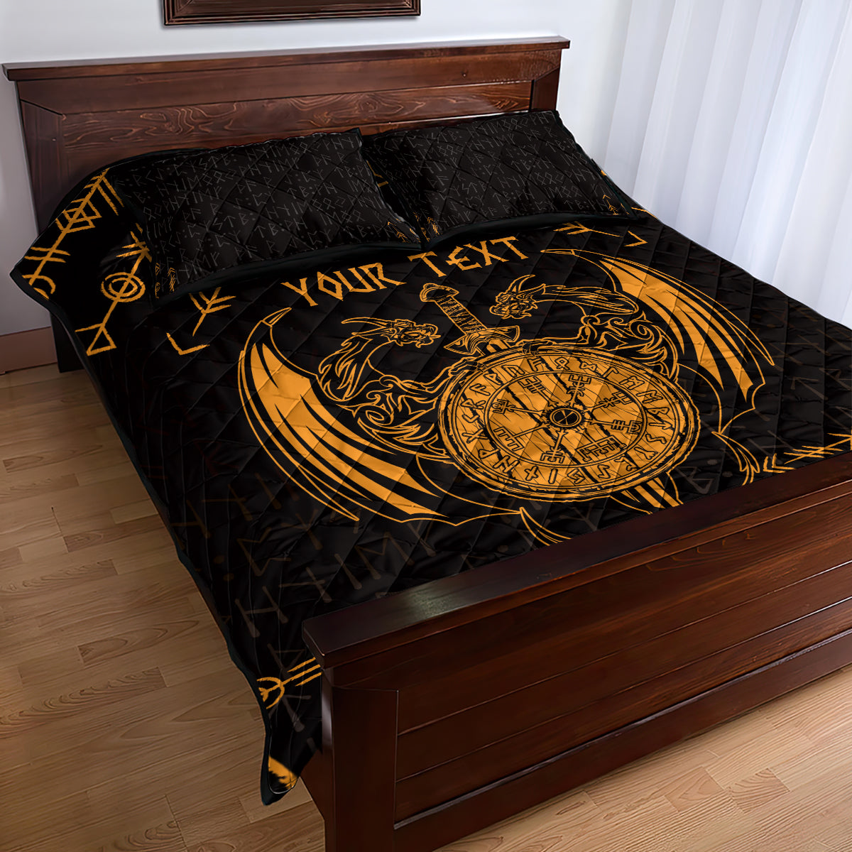 Personalized Viking Dragon Quilt Bed Set with Sword Gold Scandinavian Tattoo - Wonder Print Shop