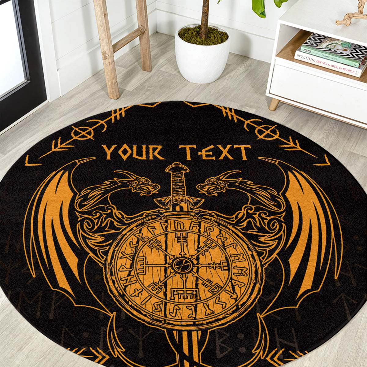 Personalized Viking Dragon Round Carpet with Sword Gold Scandinavian Tattoo