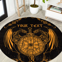 Personalized Viking Dragon Round Carpet with Sword Gold Scandinavian Tattoo