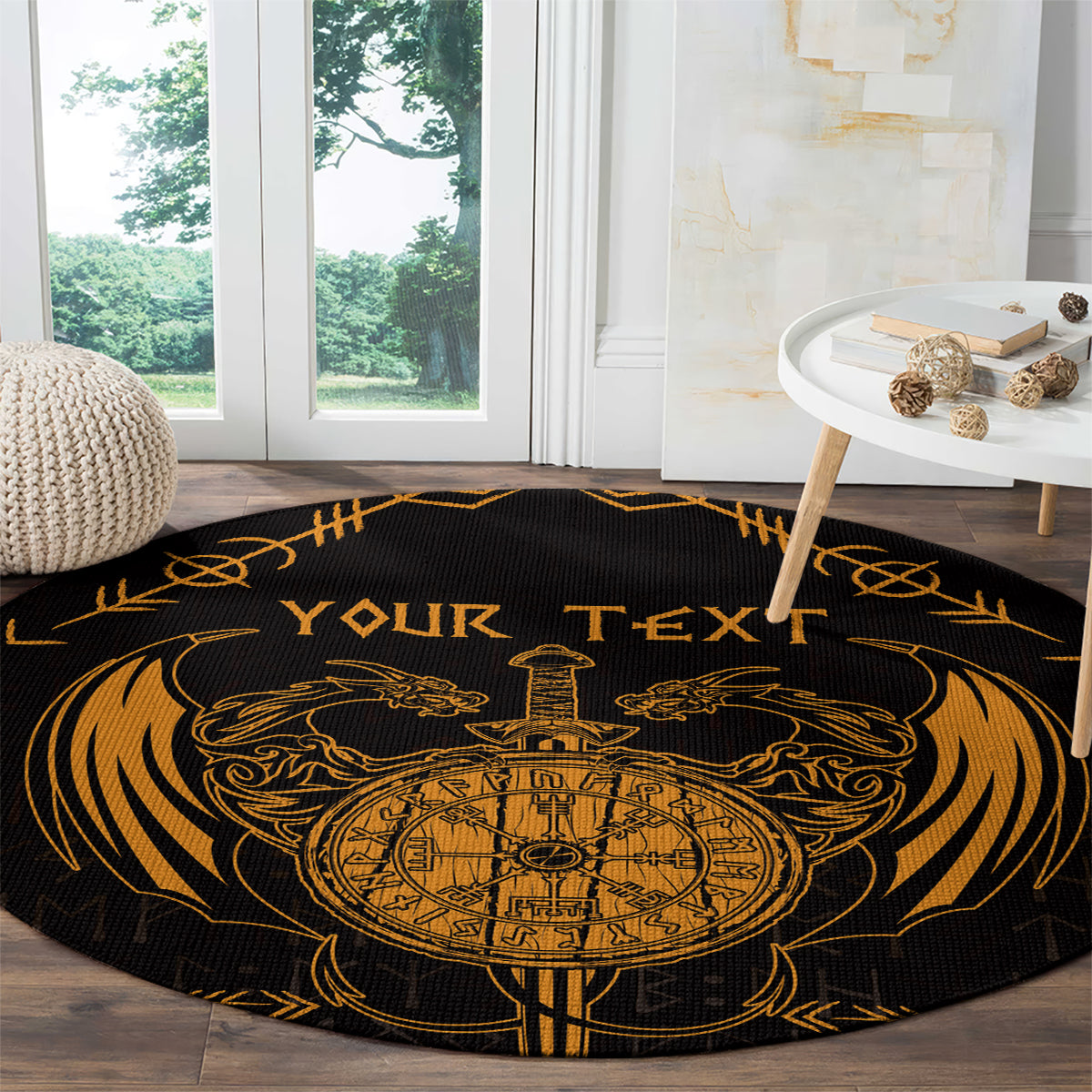 Personalized Viking Dragon Round Carpet with Sword Gold Scandinavian Tattoo