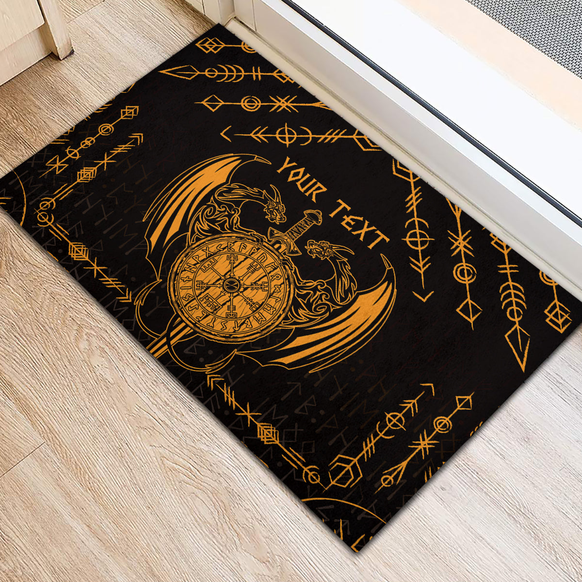 Personalized Viking Dragon Rubber Doormat with Sword Gold Scandinavian Tattoo - Wonder Print Shop