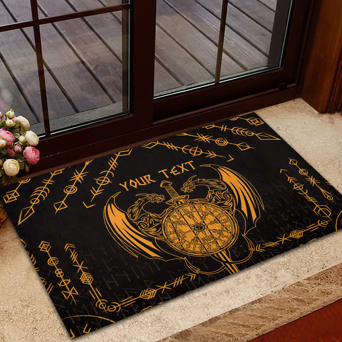 Personalized Viking Dragon Rubber Doormat with Sword Gold Scandinavian Tattoo - Wonder Print Shop