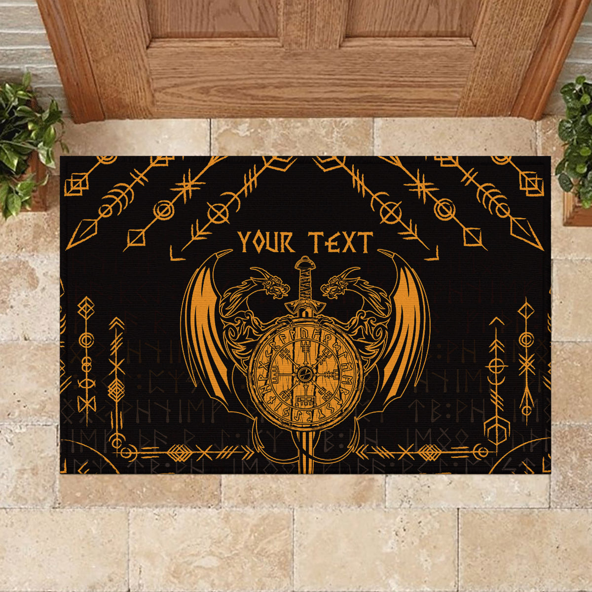 Personalized Viking Dragon Rubber Doormat with Sword Gold Scandinavian Tattoo - Wonder Print Shop