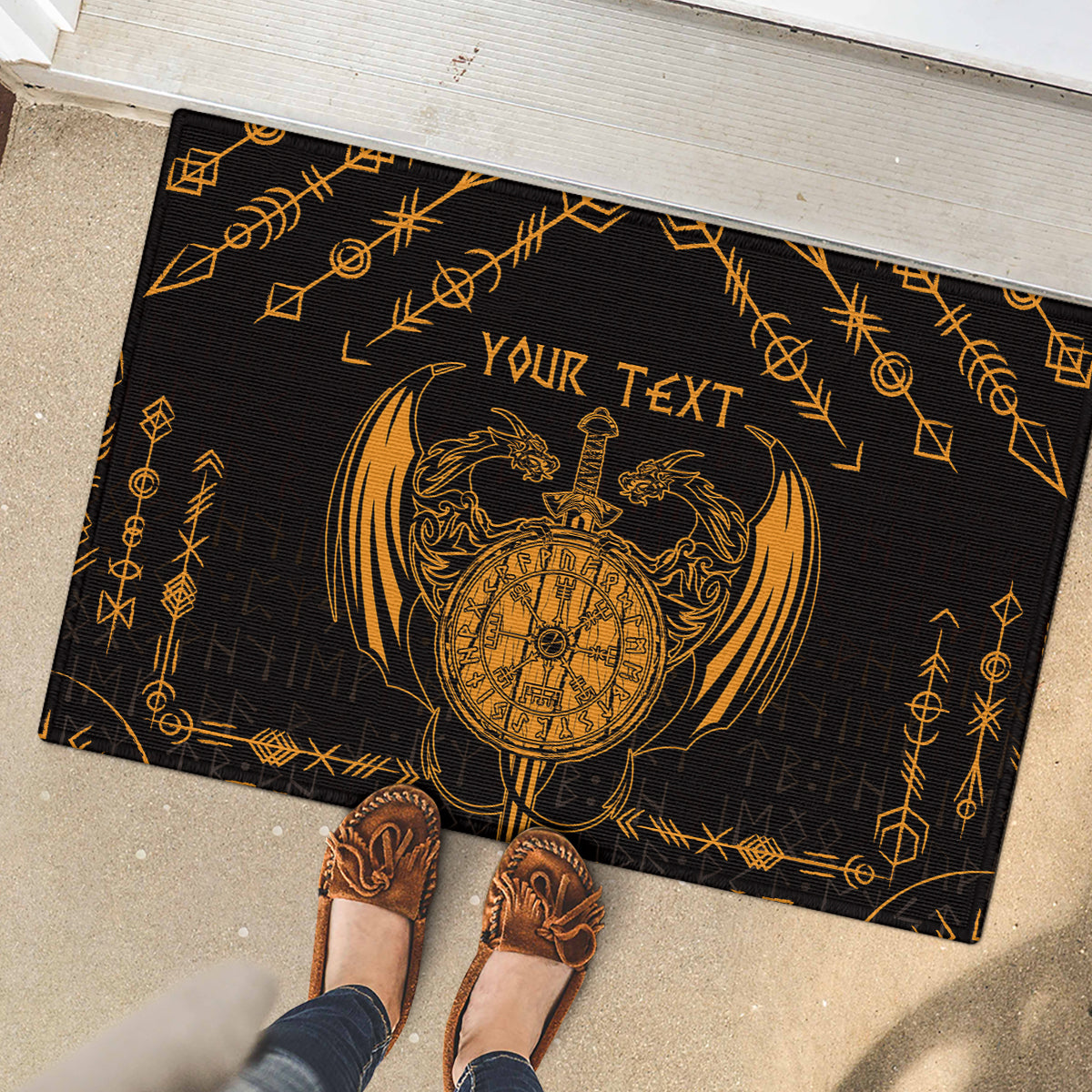 Personalized Viking Dragon Rubber Doormat with Sword Gold Scandinavian Tattoo - Wonder Print Shop