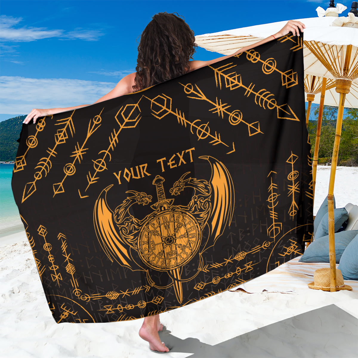 Personalized Viking Dragon Sarong with Sword Gold Scandinavian Tattoo - Wonder Print Shop