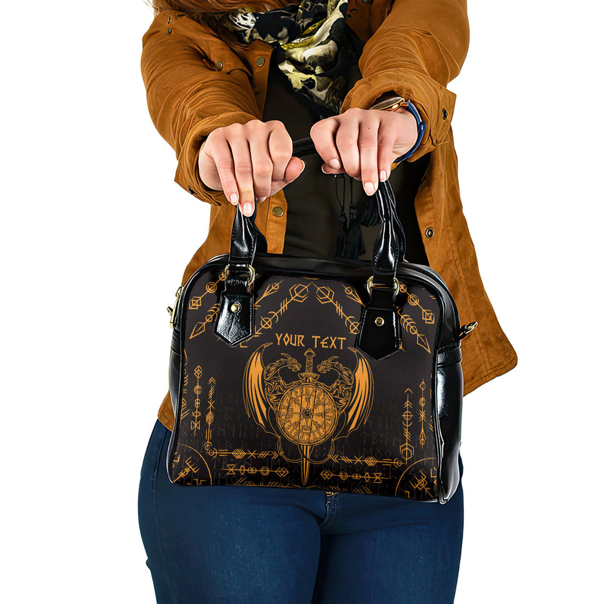 Personalized Viking Dragon Shoulder Handbag with Sword Gold Scandinavian Tattoo