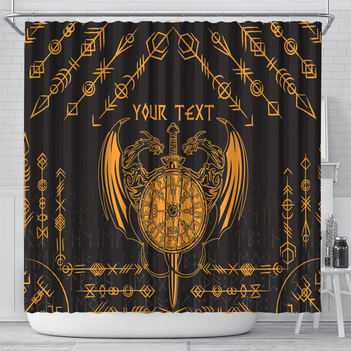 Personalized Viking Dragon Shower Curtain with Sword Gold Scandinavian Tattoo