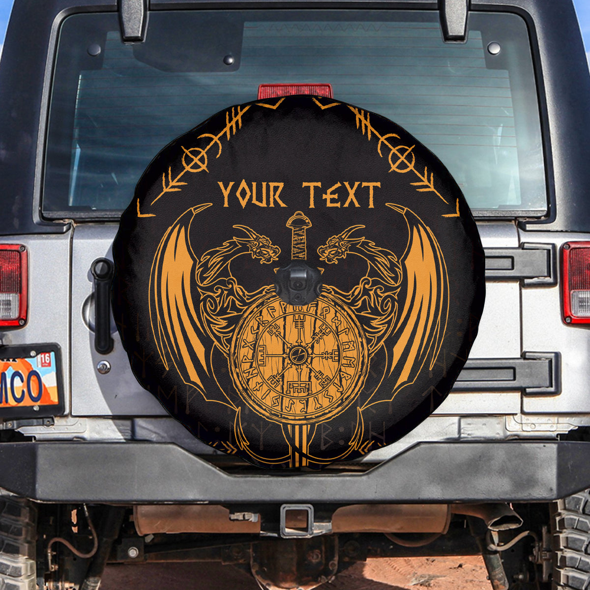 Personalized Viking Dragon Spare Tire Cover with Sword Gold Scandinavian Tattoo