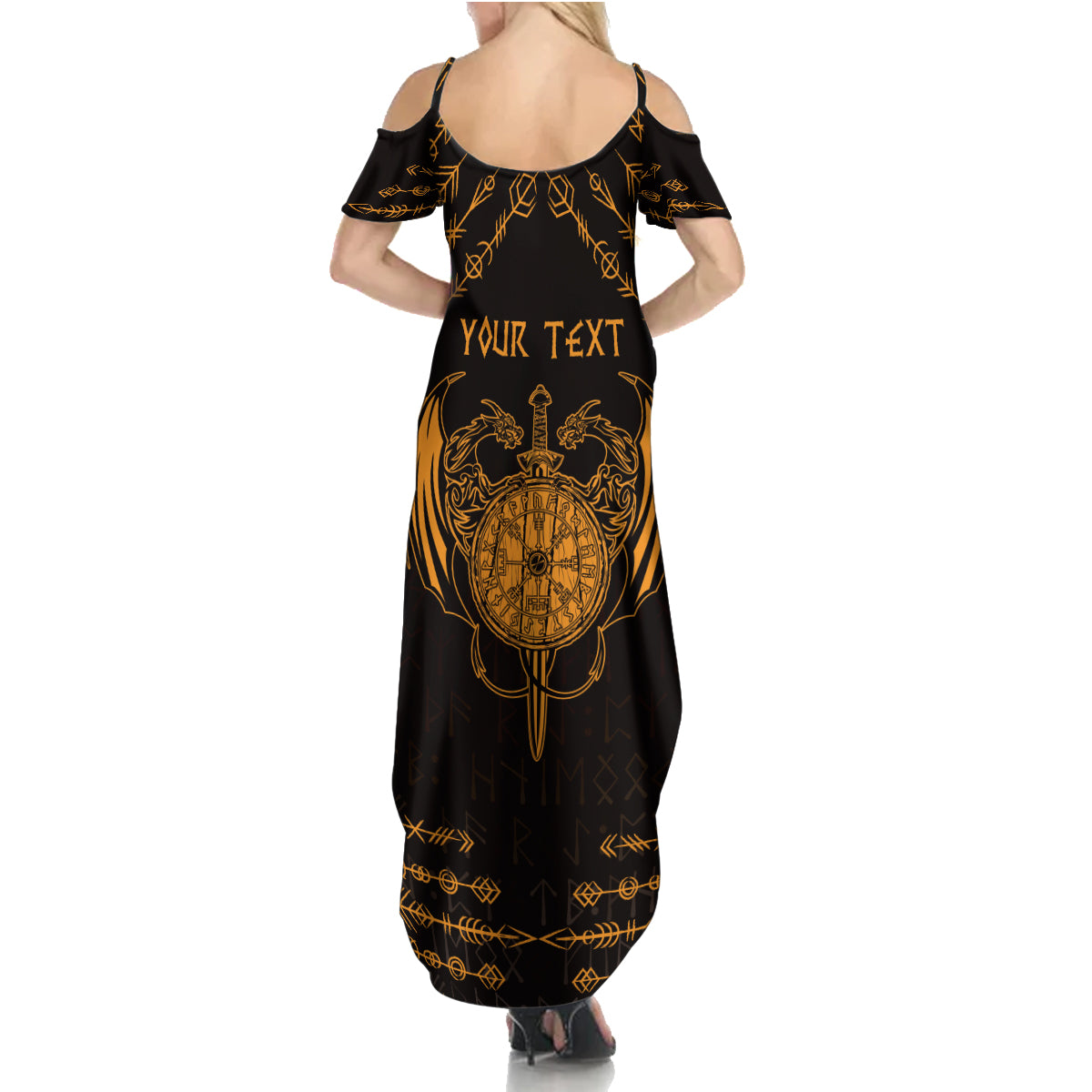 Personalized Viking Dragon Summer Maxi Dress with Sword Gold Scandinavian Tattoo - Wonder Print Shop