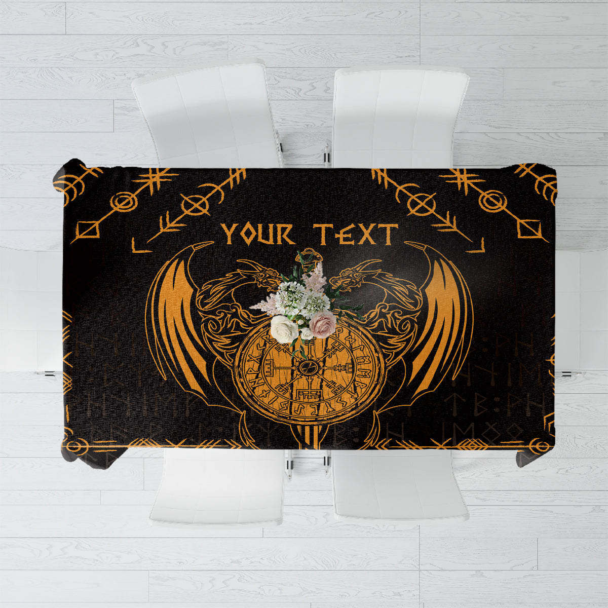 Personalized Viking Dragon Tablecloth with Sword Gold Scandinavian Tattoo