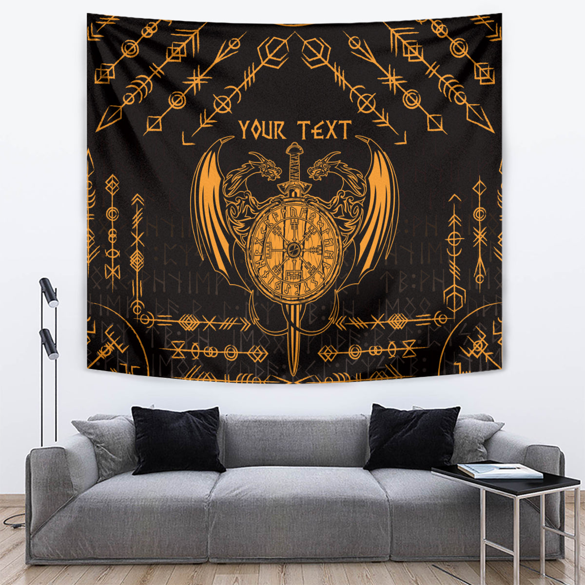 Personalized Viking Dragon Tapestry with Sword Gold Scandinavian Tattoo - Wonder Print Shop