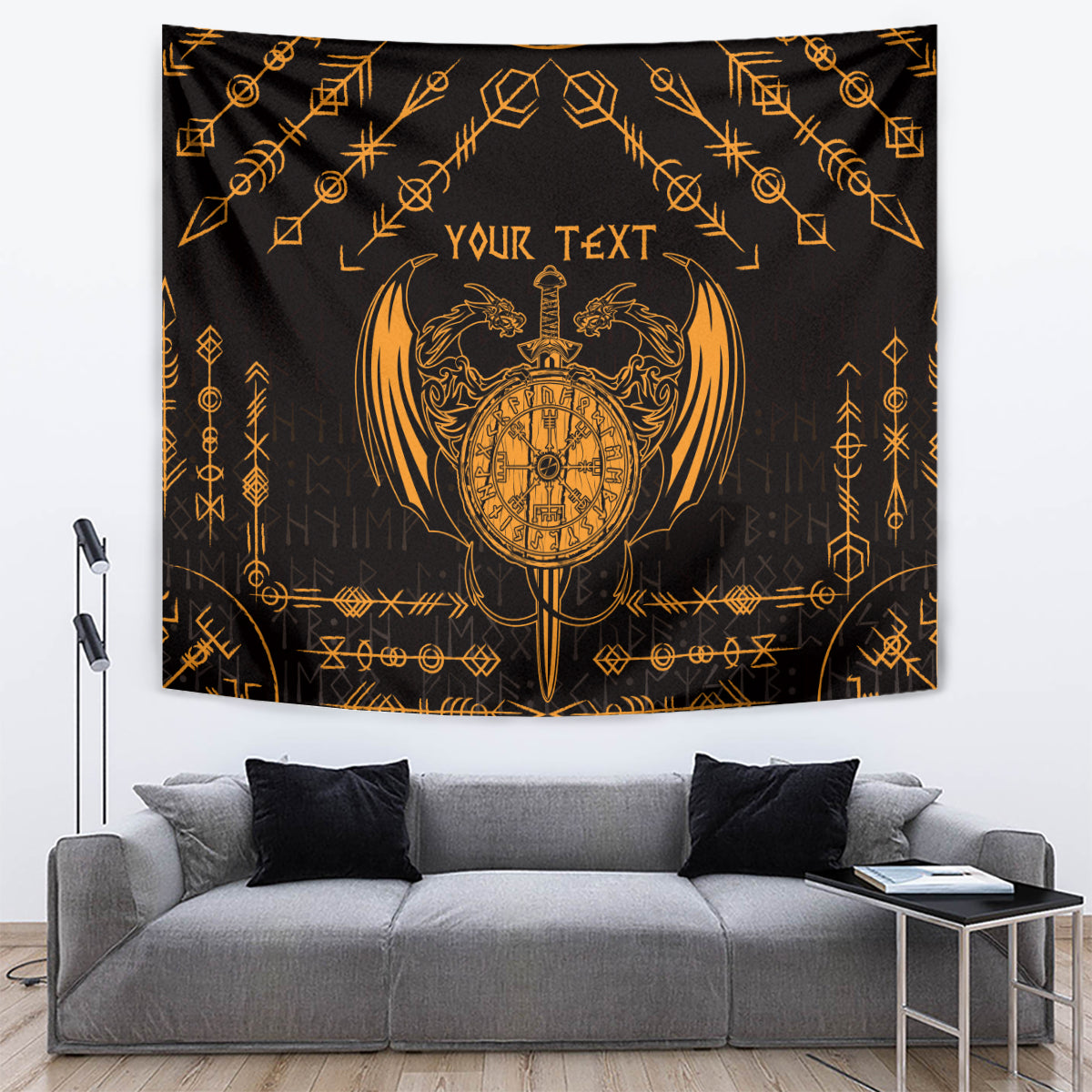 Personalized Viking Dragon Tapestry with Sword Gold Scandinavian Tattoo
