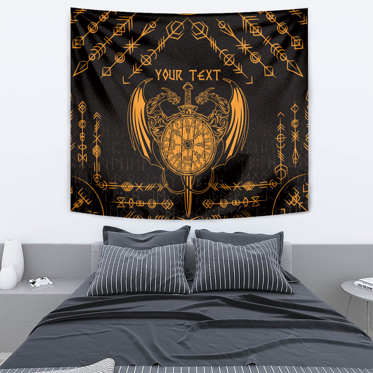 Personalized Viking Dragon Tapestry with Sword Gold Scandinavian Tattoo - Wonder Print Shop