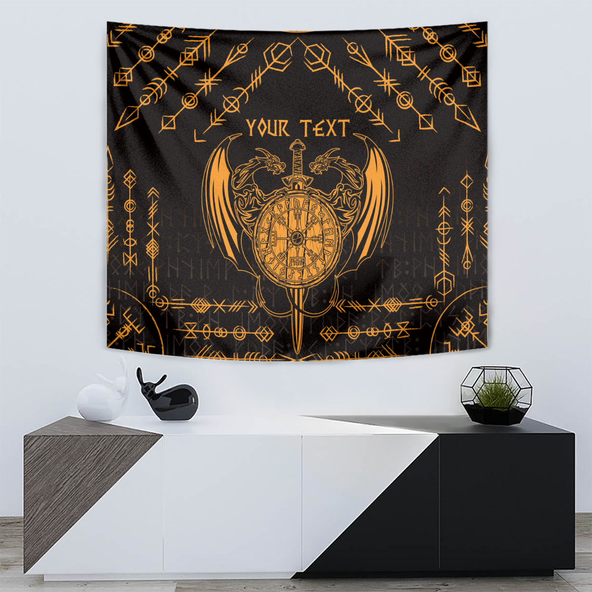 Personalized Viking Dragon Tapestry with Sword Gold Scandinavian Tattoo - Wonder Print Shop