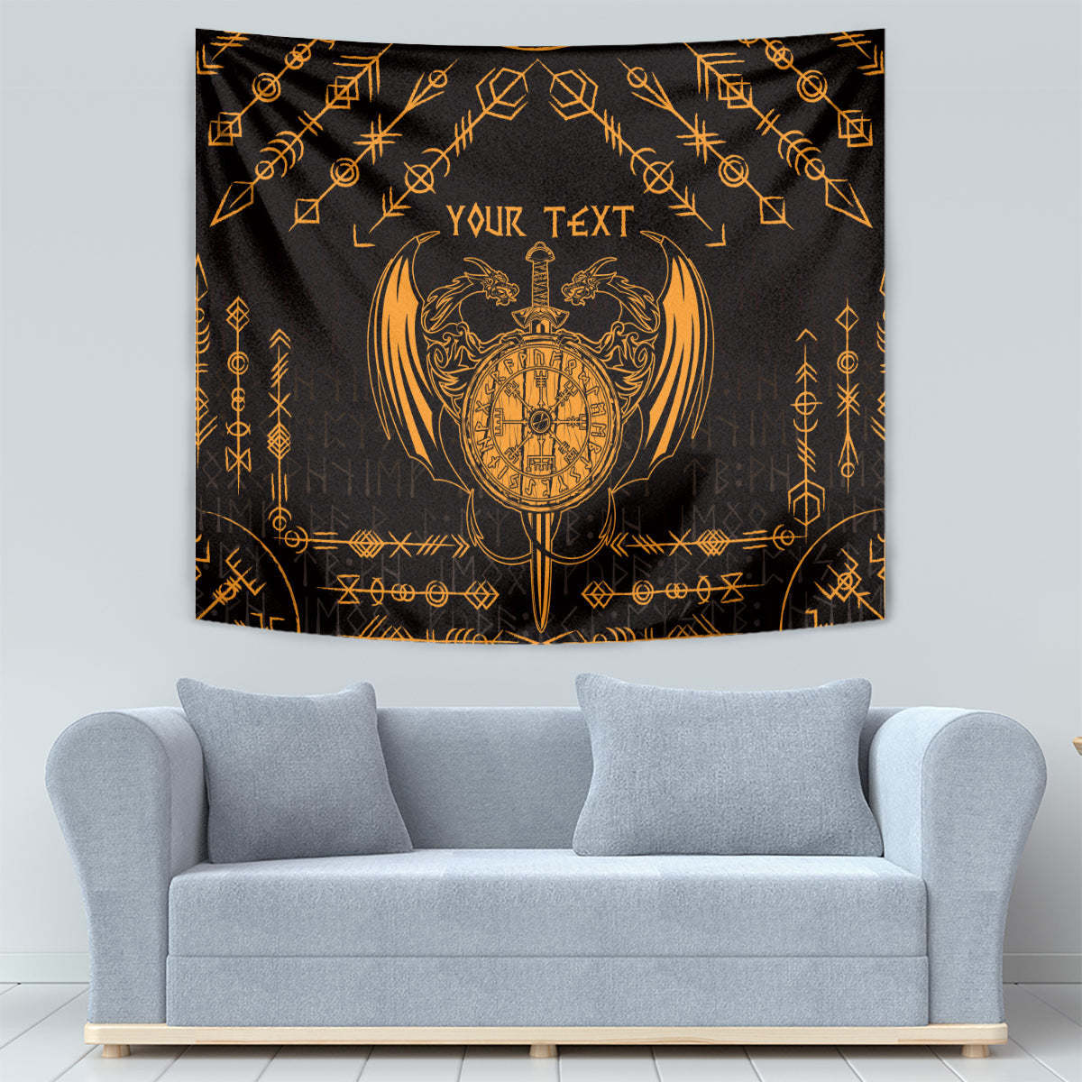 Personalized Viking Dragon Tapestry with Sword Gold Scandinavian Tattoo - Wonder Print Shop