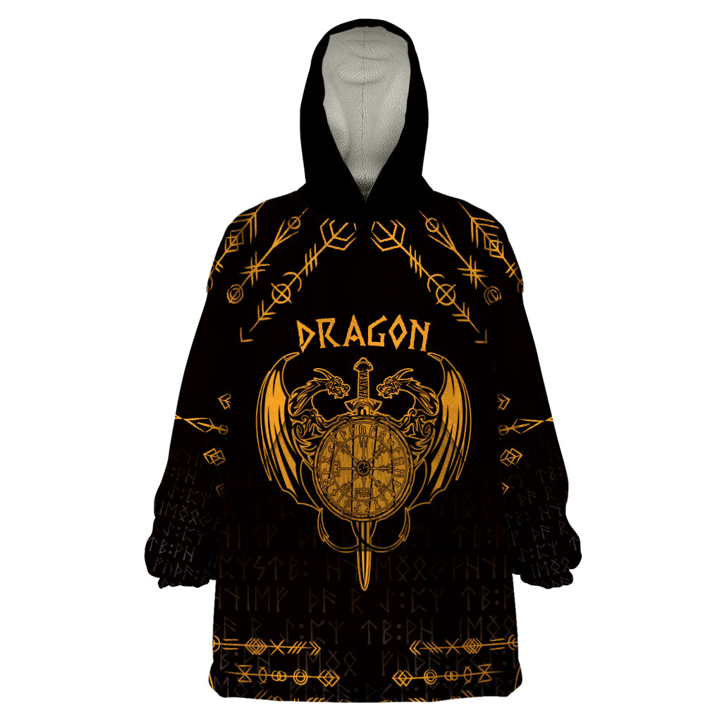 Personalized Viking Dragon Wearable Blanket Hoodie with Sword Gold Scandinavian Tattoo