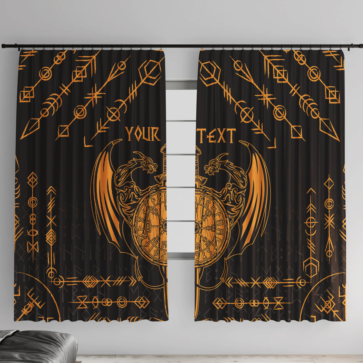Personalized Viking Dragon Window Curtain with Sword Gold Scandinavian Tattoo