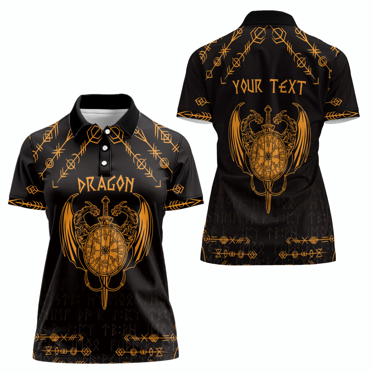 Personalized Viking Dragon Women Polo Shirt with Sword Gold Scandinavian Tattoo - Wonder Print Shop